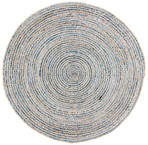 SAFAVIEH Cape Cod Collection Area Rug - 7' Round, Natural & Blue, Handmade Flat Weave Jute, Ideal for High Traffic Areas in Living Room, Bedroom (CAP250A) - size: 7' (Round)