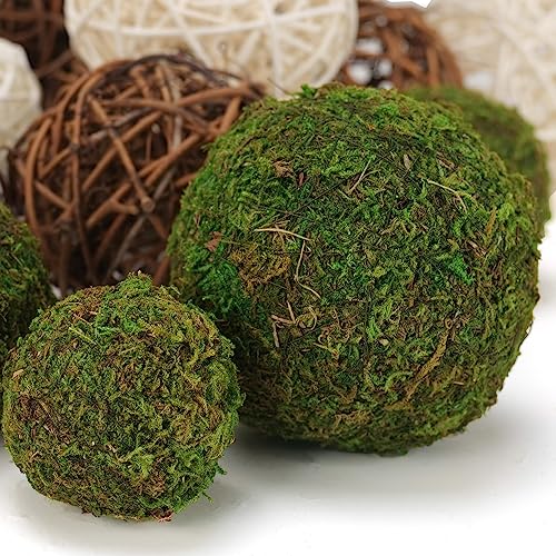 USMOLA 18Pcs Decorative Balls for Centerpiece Bowl - 6Pcs Fake Moss Balls + 12Pcs Rattan Wicker Balls, Artificial Moss Decorative Balls Vase Fillers for Home Garden Wedding Party Decor (Rustic)