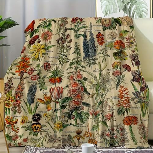 Vintage Flowers Throw Blanket 59”x51” Long Vertical Reference Illustrative Botanical Throws for Bedroom Aesthetic Floral Blankets Botanical Plants Throw Blanket Cute Bedroom Decor - color: Vintage Flowers