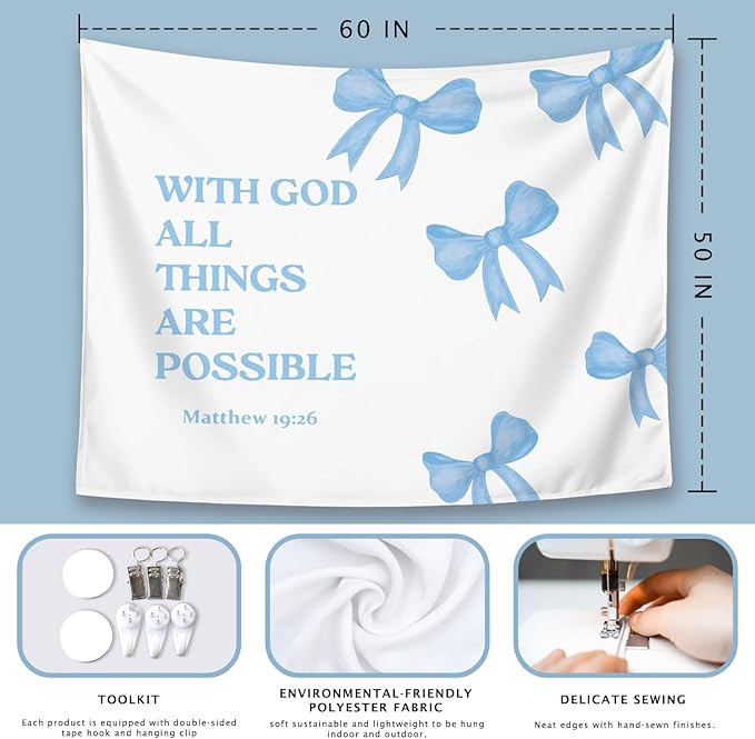 LIANGW Light Blue Bible Verse Christian Wall Tapestry – With God All Things are Possible Bible Blue Bow Aesthetic for Girls Bedroom or Dorm Room,Faith-Based Blue Room Decor Aesthetic, 50x60 Inch