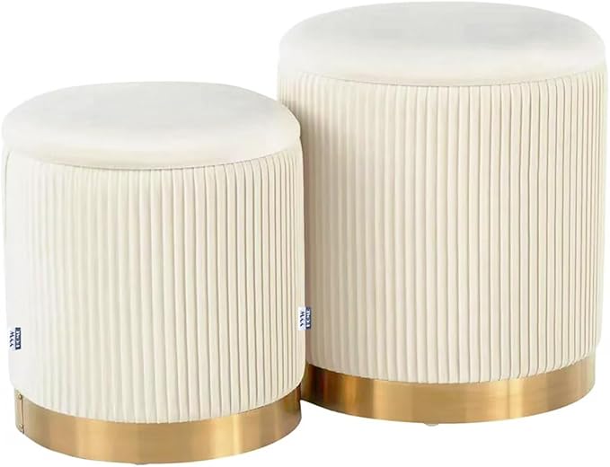 Round Ottoman with Storage Set of 2 Vanity Stool Foot Rest with Removable Lid White Velvet Storage Ottoman Stool for Living Room and Dorm