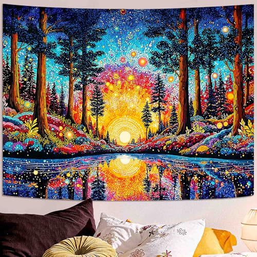 Lunerfex Sunrise Forest Lake Wall Tapestry, Trippy Nature Landscape Tapestries for Home Decor, Colorful Tapestry 80x60 Inch - color: Pale Green Beige, size: 80"L x 60"W