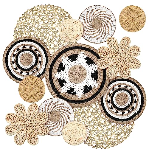 Glenmal Set of 13 Boho Wall Basket Decor Woven Rattan Flat Baskets Handmade Boho Wicker Bamboo Seagrass Wall Hanging Decor for Bedroom Living Room Dining Room Office Ready to Hang (Bohemian) - style: Bohemian