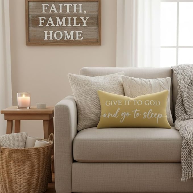 Decorative Throw Pillow Covers 12x20 Inch Set of 2 – Yellow Christian Lumbar Pillowcase – Give It to God and Go to Sleep/Relax God’s Got This – Spring Summer Faith Bedroom Bed Decor