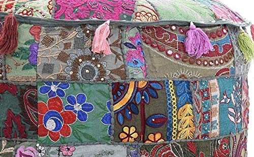 The Harry Creations Decorative Patchwork Comfortable Indian Ottoman Ethnic Cotton Cushion Bean Bag Designs Floor Embroidered Pouf Cover (Gray, 18"x13") - color: Grey, size: 18"x13"