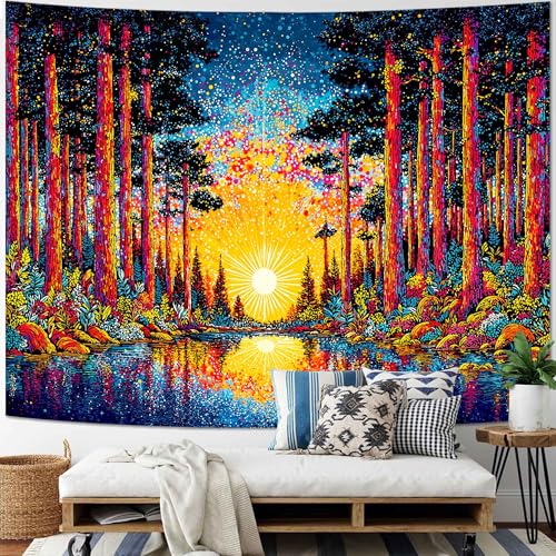 Spenlife Forest Lake Starburst Wall Tapestry, Trippy Sunrise Reflection Tapestries for Living Room Decor, Vibrant Tapestry 80x60 Inch - color: Orange Blue, size: 80"L x 60"W