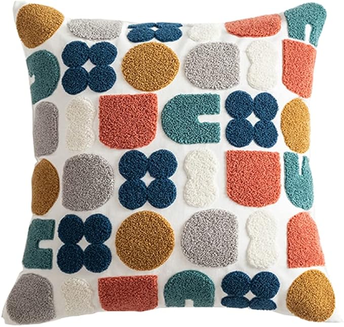 Boho Abstract Tufted Throw Pillow Cover Geometric Embroidered Decorative Pillowcase Farmhouse Cotton Square Accent Cushion Cover for Sofa Couch Bedroom (Type H,18"x18")