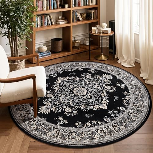 HOMORE Vintage Round Rug 4ft Washable Non Slip Circle Rugs 48inch Indoor Carpet for Bedroom Living Room Dining Room Kids Room Home Office Dorm,Black - color: Black, size: 4' (Round)