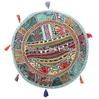 Ethnic Pouffe Ottoman Round Cover Indian Patchwork Embroidered Pouf Green Cotton Floral Traditional Furniture Footstool Seat Puff (16x16x13) Bean Bag Home Decor