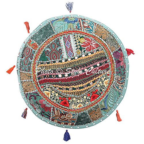 Ethnic Pouffe Ottoman Round Cover Indian Patchwork Embroidered Pouf Green Cotton Floral Traditional Furniture Footstool Seat Puff (16x16x13) Bean Bag Home Decor