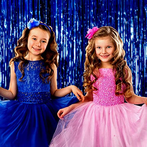 4 Pack Blue Foil Fringe Curtain Backdrop, 3.28Ftx8.2Ft Metallic Tinsel Streamers for Sea Party, Photo Booth Props, Birthday, 2022 Summer Ocean Theme Party Decoration Supplies - color: Blue