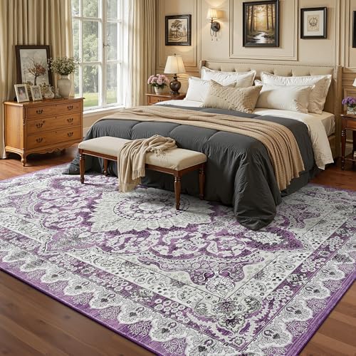 Foxmas 5x7 Area Rugs for Living Room, Machine Washable Vintage Rug, Non-Slip Low Pile Throw Rugs with Rubber Backing Washable Carpet for Bedroom Dining Room Kitchen Home Decor, Purple - color: Purple, size: 5' X 7' (Rectangular)