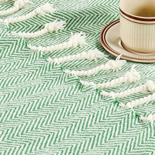 Herringbone Knitted Two Tone Throw Blankets with Braided Tassel Fringe, Boho Farmhouse Lightweight Turkish Throw Blanket for Couch Bed Sofa, Picnic, Yoga, Outdoor Blanket, 50 x 60 Inch, Green - color: Green