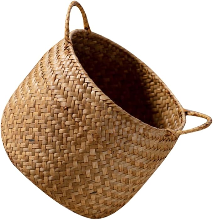 Ciieeo Japanese Style Woven Storage Basket Handles Handcrafted Decorative Organizer for Cosmetics Flower Arrangement or Nursery Natural Grass Weave for Home Decor