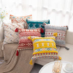 Boho Tufted Decorative Throw Pillow Cover, Cozy Bohemian Cotton Canvas Cushion Cover Tassels Pillow Case Home Decor 17"X 17",02