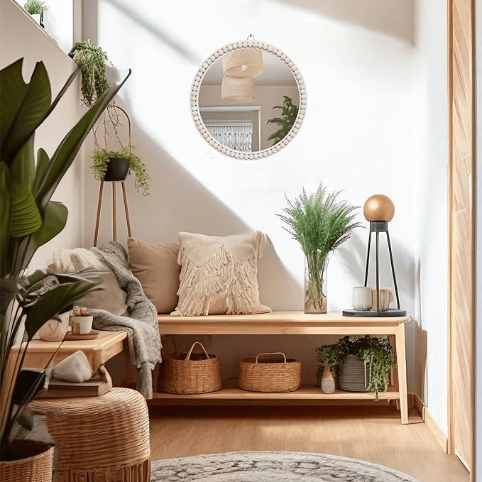17 inch Wall Mirror, Boho Design for Living Room, Bedroom, Bathroom Decor, Hand Woven Rattan Mirror