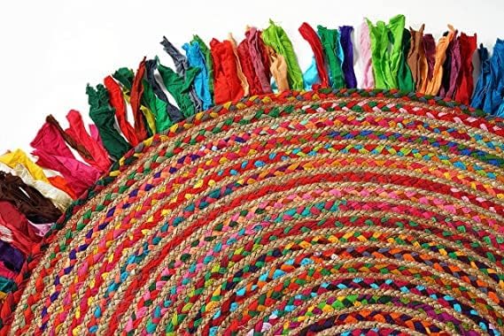GRUHUM Jute Area Rug 6ft-Natural Fiber Round Cotton Fringes Handmade Boho Multicolour Soft Braided Rustic Vintage for Indoor Outdoor Kitchen Bedroom Living Room Hallways Enterway (6'ft Round) - color: Red/Multicolor 31, size: 6' (Round)