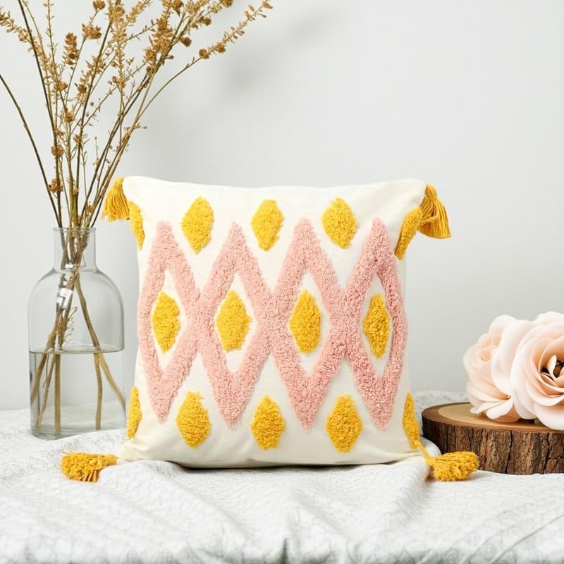 Andreannie Pack of 2 Boho Tufting Throw Pillow Cover Embroidered Textured Cushion Cover with Tassels Soft Home Decororative for Couch Sofa 18x18 inch (Pink and Yellow) - color: Pink and Yellow
