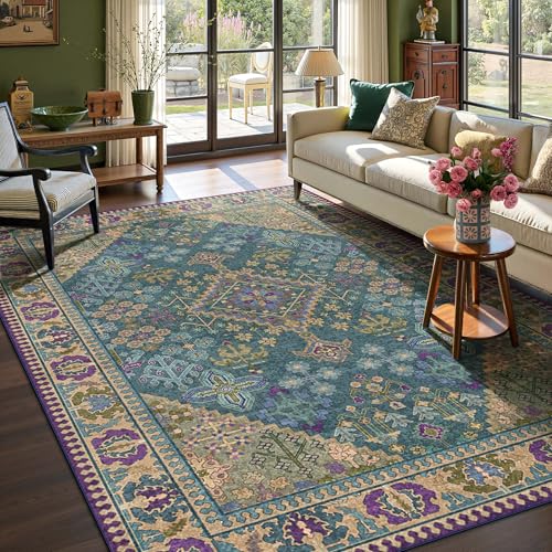 8x10 Area Rugs for Living Room, Machine Washable Low Pile Rug, Non Slip Backing Boho Rugs for Bedroom, Printed Soft Vintage Carpet Teal Green Purple 8 x 10 - color: 15/Teal/Harvest Gold/Violet/Azure, size: 8' x 10' (Rectangular)