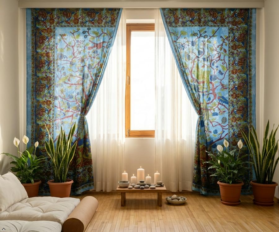 Popular Handicrafts Indian Hippie Bohemian Beautiful- Tree of Life- Bird Tie Dye Mandala Drapery Bedroom Living Room Balcony Curtain Panels Blue - color: Blue, size: 38"W x 83"L (Pack of 2)