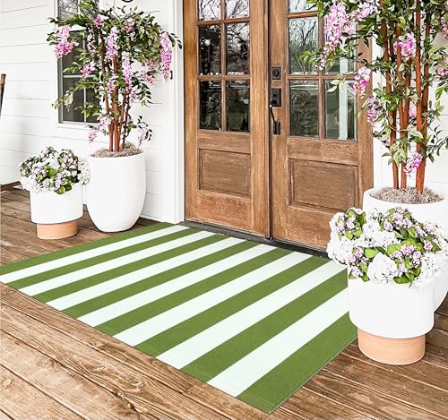 3'x5'Outdoor Rug,Striped Cotton Woven Washable Front Porch Rug Green and White Farmhouse Entry Rug Indoor Outdoor Area Rug for Porch/Home Entrace Decor/Bedroom/Layered Door Mats - color: Green White, size: 3' x 5' (Rectangular)