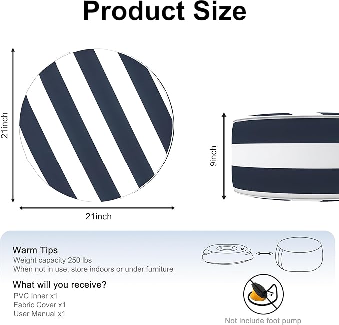 Inflatable Ottoman Stool D21 xH9 for Outdoor/Indoor Use, Water Repellent Patio Foot Rest Stool with Portable Handle,Round Pouf Ottoman Suitable for Garden,Deck and Camping - Cabana Navy
