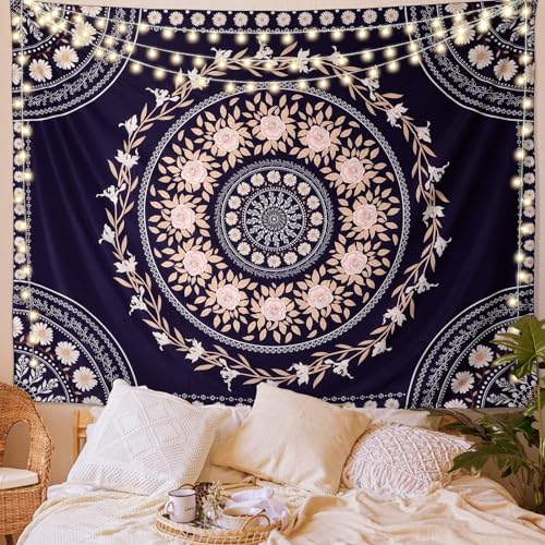 FLY SPRAY Mandala Tapestry Aesthetic,Boho Tapestries Wall Hanging,Dark Rose Floral Medallion Tapestrys,Bohemian Wall Art Hippie Decor for Bedroom Living Room Ceiling - color: Boho Tapestry-Navy Blue, size: 60"L x 52"W