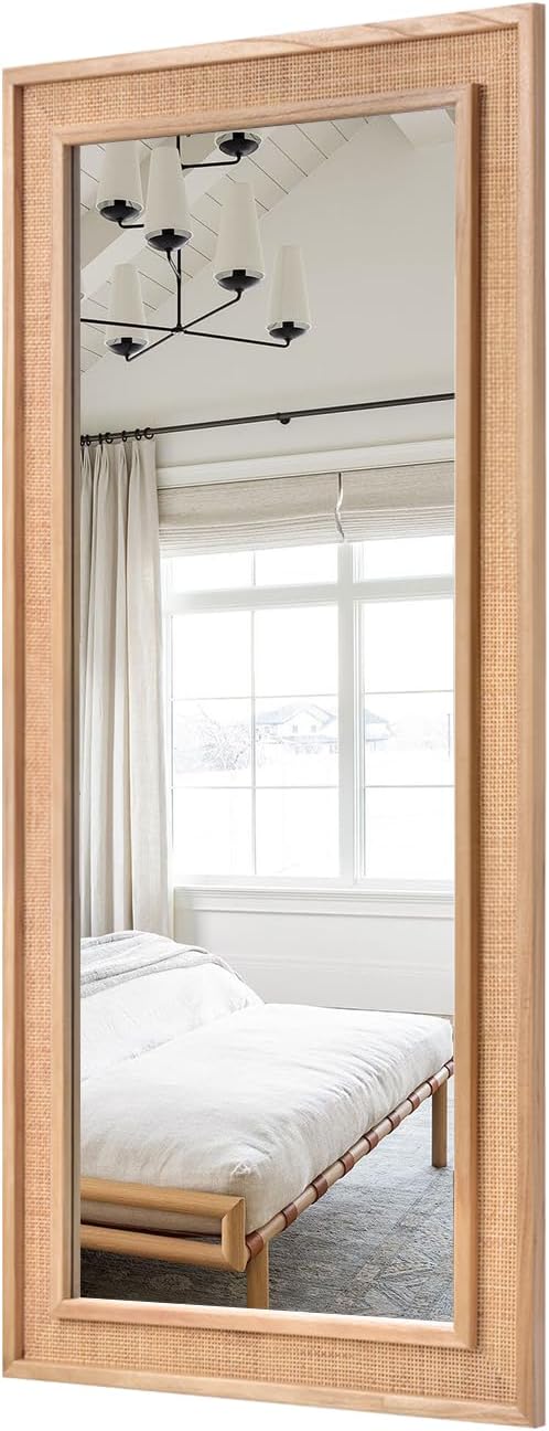 Rattan Full Length Mirror,14"x48" Long Rattan Wall Mirror,Wooden Mirror with Wicker Frame,Decorative Full Body Mirror Hanging,Farmhouse Rectangle Floor Mirror for Bathroom Living Dressing Room Nature