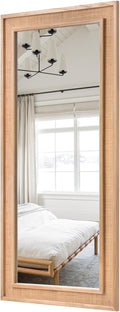 Rattan Full Length Mirror,14"x48" Long Rattan Wall Mirror,Wooden Mirror with Wicker Frame,Decorative Full Body Mirror Hanging,Farmhouse Rectangle Floor Mirror for Bathroom Living Dressing Room Nature