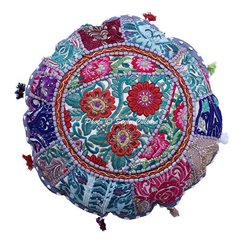 Indian Yoga Throw Pillows for Bedroom Vintage Patchwork Cushion Cover Grey 18x18 Decorative Round Decor Seating Tuffet Seat Pouf Cover Footstool Cotton Embroidered 1 Pc - color: Grey