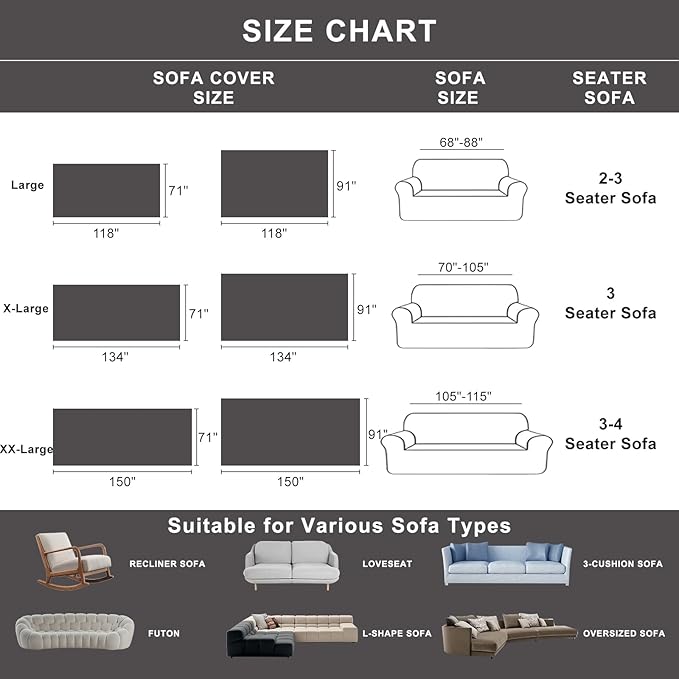 ROOMLIFE Black Couch Cover Sofa Covers, Chenille Couches Covers for 3 Cushion Sofas, Non Slip Soft Breathable Sofa Slipcovers for Pet, Washable Furniture Protector with Tassel,71''X134”