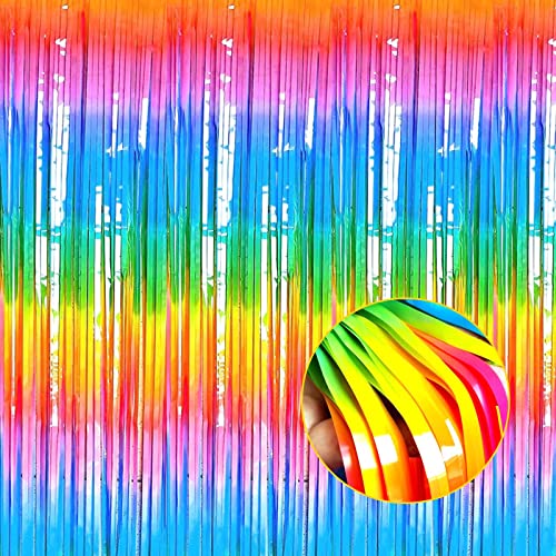 4 Pack Macaron Dark Rainbow Foil Fringe Curtain Backdrop, 3.28Ft x 8.2Ft Colorful Streamers Curtains for Party, Photo Booth Props, Birthday, 2022 Mother's Day Decoration Supplies - color: 4 Pack Dark Rainbow