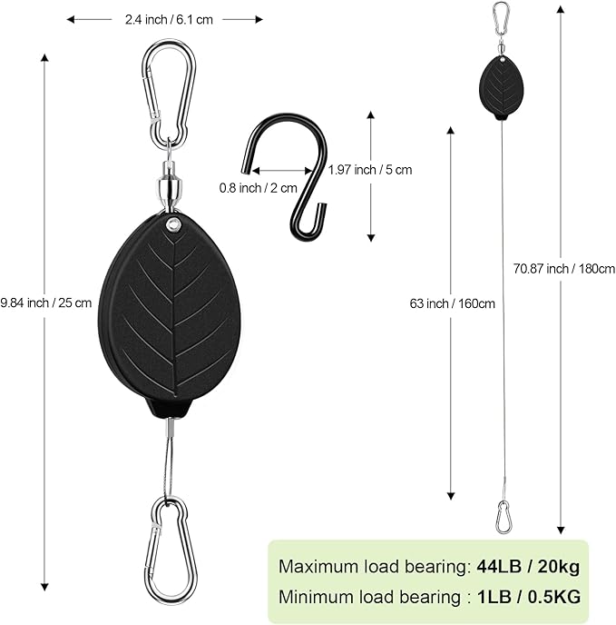 2026New 2Pcs Retractable Plant Hanger with Leaf Texture,44Lbs Load Capacity,Auto Lock,Adjustable Hook for Hanging Plants,Bird Feed,Wind Chimes,Garden Pots,Rust-Proof Stainless Steel,Black