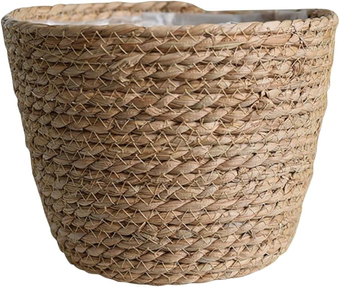 Hand Woven Planter Basket with Liner Rustic Straw Flower Pot for Indoor Outdoor Plants Balcony Living Room Decor 7.8X9.75X7.8 Inches