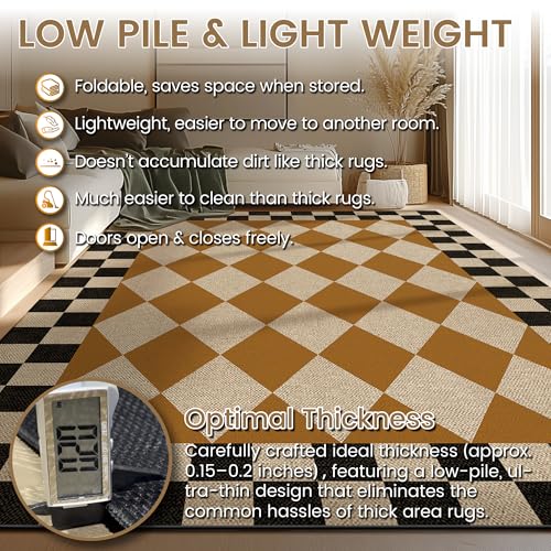 Washable Checkered Easy Jute Rug 5x7, Brown Black Checkerboard Geometric Modern Outdoor Indoor Patio Large Rug, Woven Thin Carpet Mat for Living Dining Play Room Bedroom Classroom Kids Nursery - color: Checkerboard -4 Brown Black, size: 5' x 7'