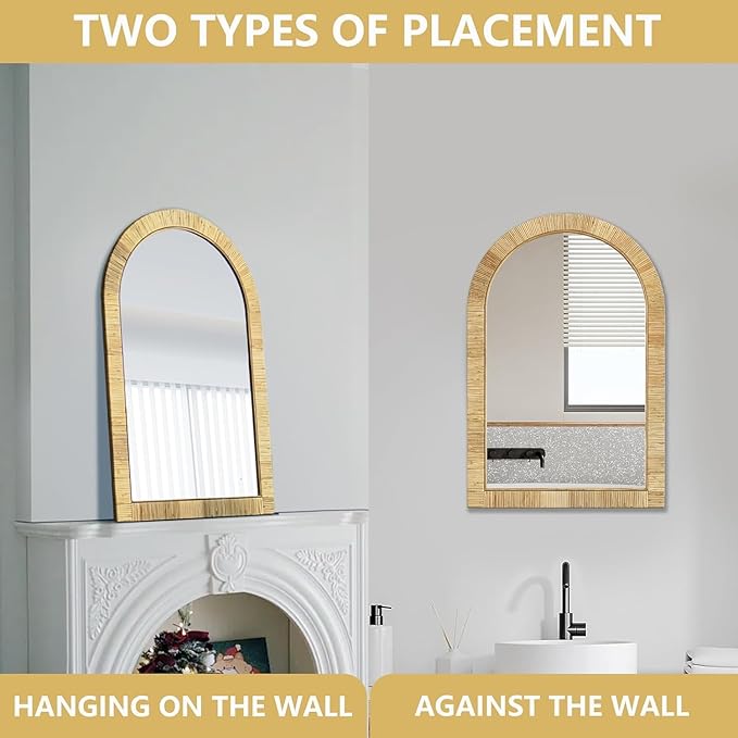 Decorative Rattan Wall Mirror, Boho Bathroom Modern Makeup Mirror, Rustic Wall Bohemia Mirrors for Bedroom, Living Room, Vanity Versatile Farmhouse, Nursery, Bathroom, 36"x24", Arched