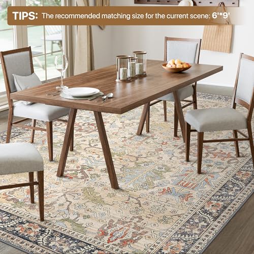 Bavni 5x7 Washable Area Rug Clearance for Living Room Rug Bedroom, Non-Slip, Boho Vintage Rugs Chenille Printed Low Pile for Dinning Room Homeoffice, Ivory/Teal - color: Ivory/Teal, size: 5' x 7' (Rectangular)