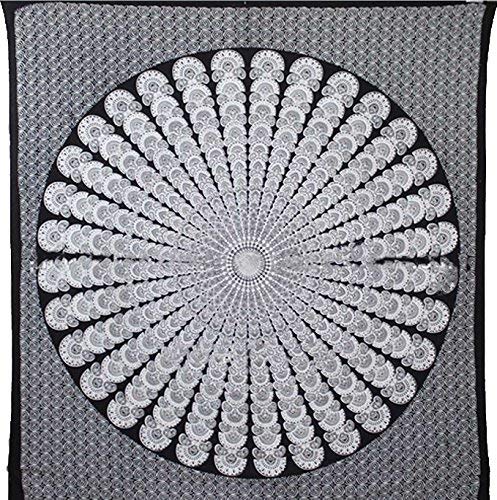 Bless International Handmade Indian hippie Bohemian Psychedelic Peacock Mandala Wall hanging College Dorm Beach Throws Table Cloth Bedding Tapestry (Black White, Queen(84x90Inches)(215x230Cms)) - color: Black White, size: 90"L x 84"W