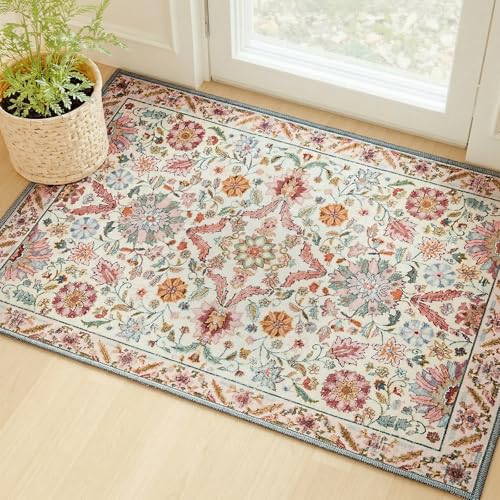 MINIDEAR 2x3 Area Rugs for Entryway Kitchen, Washable Rug Small Accent Rugs for Bedroom Non Slip Vintage Rug with Floral Print Thin Carpet Mat for Home, Daisy Pink - color: 03pink, size: 2' x 3' (Rectangular)