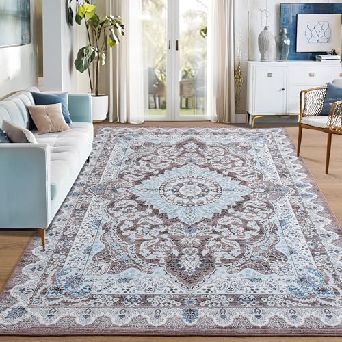Foxmas 4x6 Area Rugs for Living Room, Machine Washable Vintage Rug, Non-Slip Low Pile Throw Rugs with Rubber Backing Washable Carpet for Bedroom Dining Room Kitchen Home Decor, Brown - color: Brown/Blue, size: 4' X 6' (Rectangular)