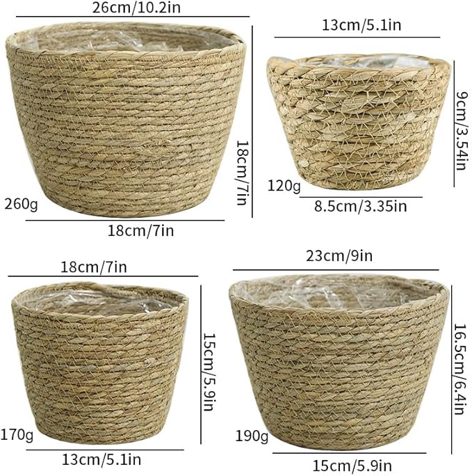 4 Pcs Seagrass Planter Basket Flower Pots with Plastic Liners 5.1 in,7 in, 9 in,10.2 in Hand Woven Plant Basket with Flower Pot Chain, Perfect for Indoor Outdoor Flower Pots Decoration