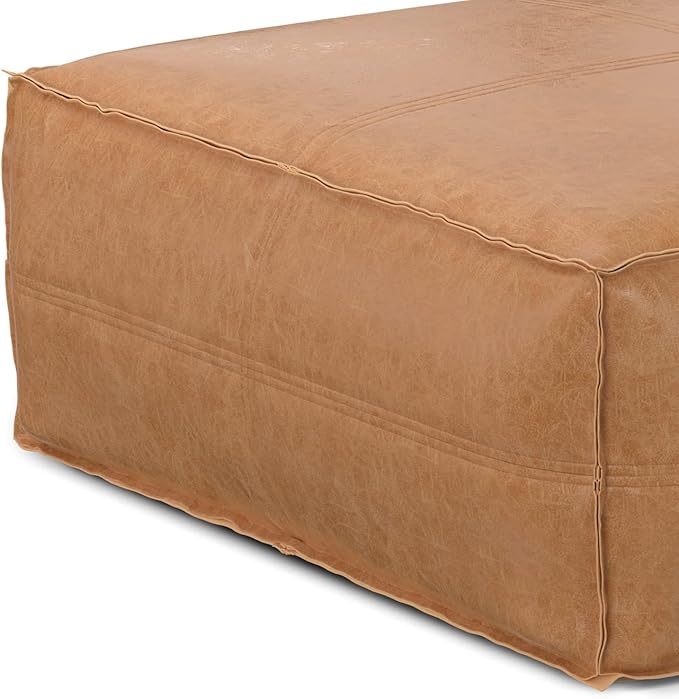 SIMPLIHOME Brody Extra Large Coffee Table Pouf - 36 inch Wide Upholstered Vegan Leather Square Ottoman in Distressed Brown, Boho Footstool, Coffee Table or Extra Seating for Living Room, Assembled