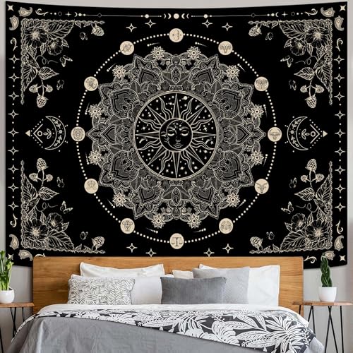 Lunerfex Sun and Moon Mandala Tapestry Boho Tapestry for Bedroom Black and White Tapestries Wall Hanging Living Room Wall Art and Home Decor 60x80 - color: Black and White, size: 80"L x 60"W
