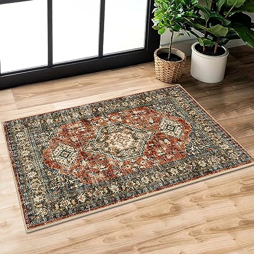 Lahome Oriental Washable Small Area Rug, 2x3 Rugs for Entryway Kitchen, Ultra-Thin Soft Indoor Door Mat Non Slip Throw Carpet for Bedroom Bathroom Eleanor, Brick Red - color: Brick Red, size: 2' x 3' (Rectangular)
