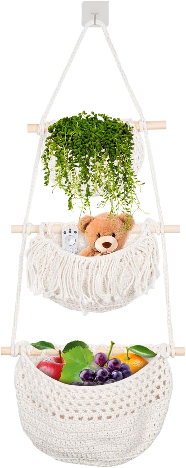 Hanging Fruit Baskets for Kitchen,3 Tier Handmade Woven Cotton Rope Wall Basket for Organizing & Decorating,Boho Room Decor,Storage for Home,Living&Bathroom Bedroom Diningroom (White)