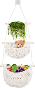 Hanging Fruit Baskets for Kitchen,3 Tier Handmade Woven Cotton Rope Wall Basket for Organizing & Decorating,Boho Room Decor,Storage for Home,Living&Bathroom Bedroom Diningroom (White)