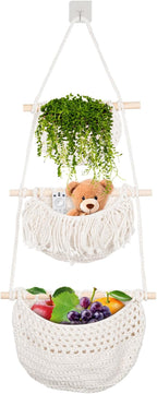 Hanging Fruit Baskets for Kitchen,3 Tier Handmade Woven Cotton Rope Wall Basket for Organizing & Decorating,Boho Room Decor,Storage for Home,Living&Bathroom Bedroom Diningroom (White)