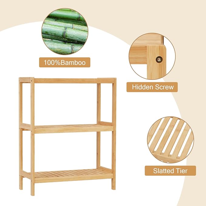 Bamboo Bathroom Shelf, Stand Utility Storage Shelf Multifunctional Bathroom Kitchen Living Room Holder Plant Flower Stand (3-Tier)