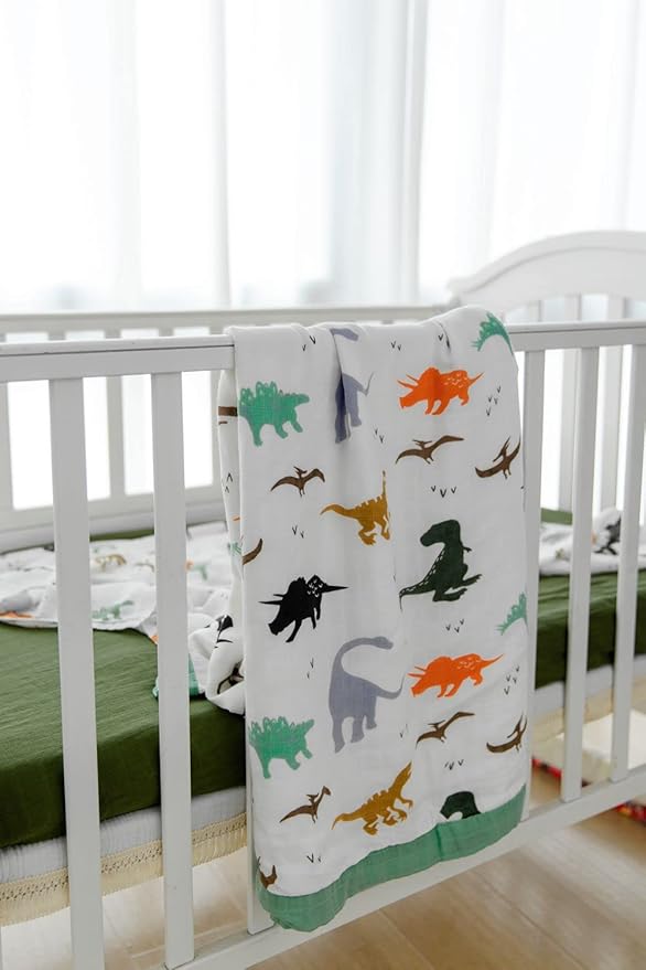 Little Jump Dinosaur Muslin Blanket Baby Quilt - Silky Soft and Breathable Crib Blanket for Daycare - Large 47" x 47" - 2 Layers Toddler Summer Blankets for Boys (Dinosaur)