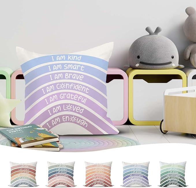QIYUHOY Rainbow Classroom Throw Pillow Covers, Book Center Calming Corner Playroom Decor Pillow Case, Purple Pillow Cover, I Am Kind Smart Brave Confidence 18x18 Inch Pillowcase（Royal Purple）